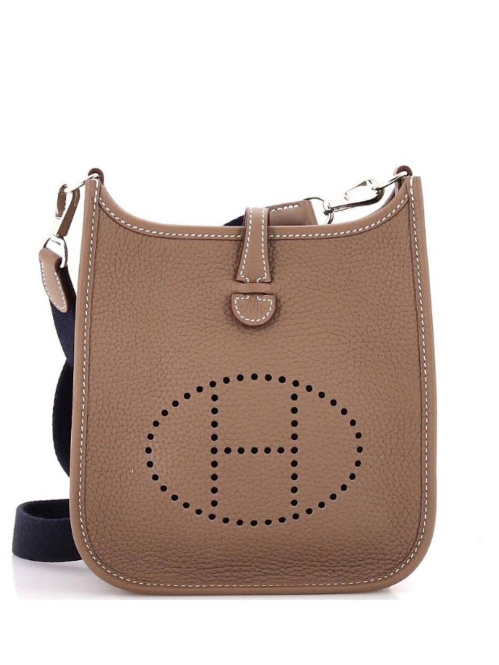 Hermes Mini Evelyne Clemence Etoupe With Bleu Indigo Crossbody Strap Palladium
